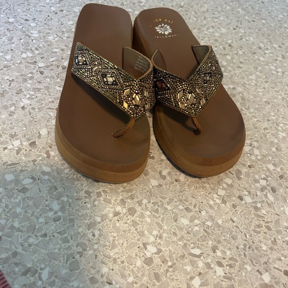 Yellow box Flatform Sandal Brown Bejeweled size 8 Leather upper - Picture 2 of 11